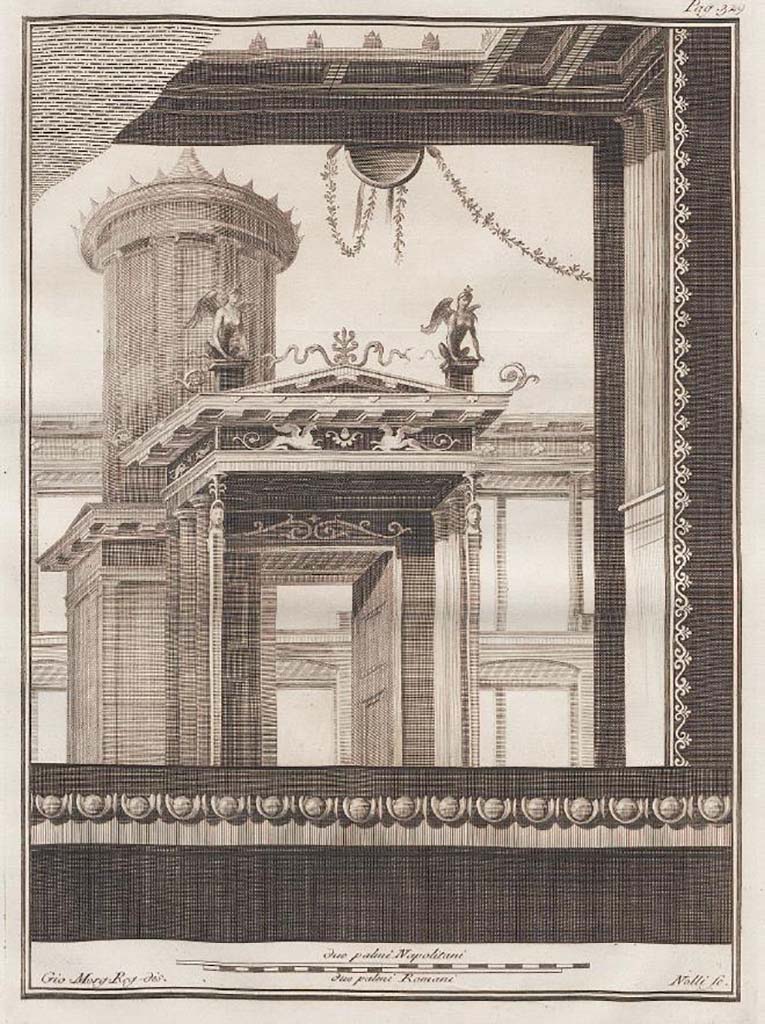 VII.6.28 Pompeii. Found in Civita, 1st April 1762. Architecture with sphinxes.
Now in Naples Archaeological Museum. Inventory number 8572.
See Antichità di Ercolano: Tomo Quarto: Le Pitture 4, 1765, 66, 329.