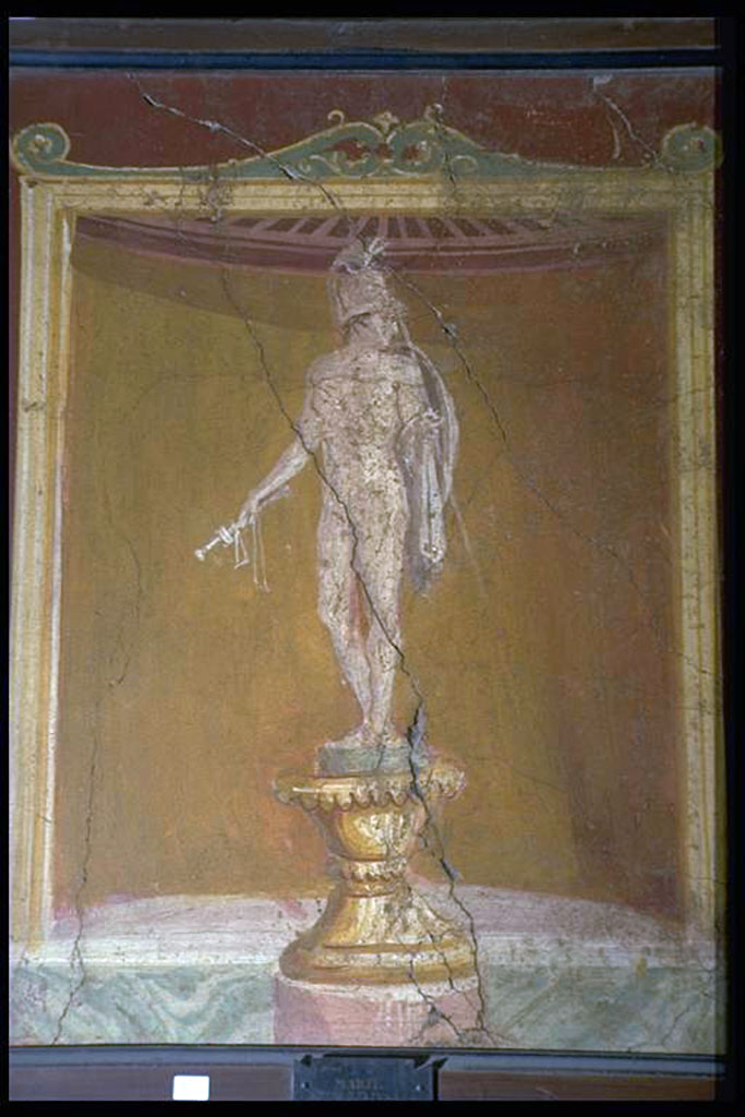 VII.6.28 Pompeii. Found in Civita, 1762. Naked warrior on pedestal, with helmet, lance and shield. Mars?.
Now in Naples Archaeological Museum. Inventory number 9646.
See Antichità di Ercolano: Tomo Quarto: Le Pitture 4, 1765, 2, 9.
See Helbig, W., 1868. Wandgemälde der vom Vesuv verschütteten Städte Campaniens. Leipzig: Breitkopf und Härtel, (270).