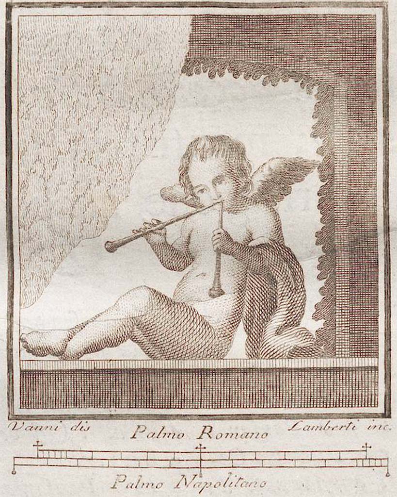 VII.6.28 Pompeii. Found in Civita, 1762. Cupid playing a double flute.
Now in Naples Archaeological Museum. Inventory number 9314.
See Antichità di Ercolano: Tomo Setto: Le Pitture 5, 1779, 24, 108
See Helbig, W., 1868. Wandgemälde der vom Vesuv verschütteten Städte Campaniens. Leipzig: Breitkopf und Härtel, (630b).