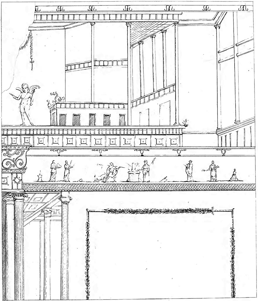 VII.6.28 Pompeii. Found on 10th April 1762, drawing by Abbate in 1843 version of Raccolta.
See Raccolta de più interessante Dipinture e di più belle Musaici rinvenuti negli Scavi di Ercolano, di Pompei, e di Stabia. 1843. Napoli.
