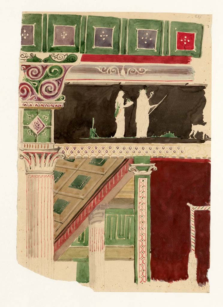 VII.6.28 Pompeii. Painting by Gottlieb Bindesbøll (1800-1856) of architecture and sacrificial scenes.
Photo ©Danmarks Kunstbibliotek inv no ark_16109.