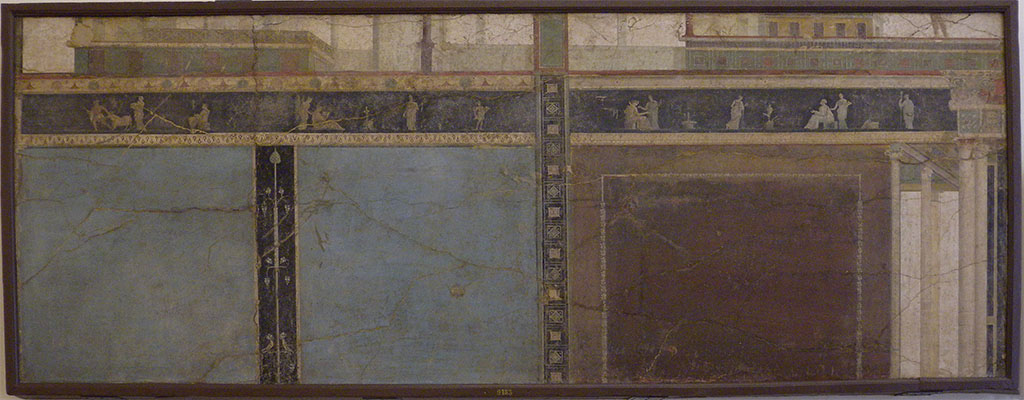 VII.6.28 Pompeii. Found on 10th April 1762. Architectural painting representing scenes of Dionysus.
Now in Naples Archaeological Museum. Inventory number 9183.
See Antichità di Ercolano: Tomo Quarto: Le Pitture 4, 1765, 45-46, 221-227.
See Helbig, W., 1868. Wandgemälde der vom Vesuv verschütteten Städte Campaniens. Leipzig: Breitkopf und Härtel, (569).