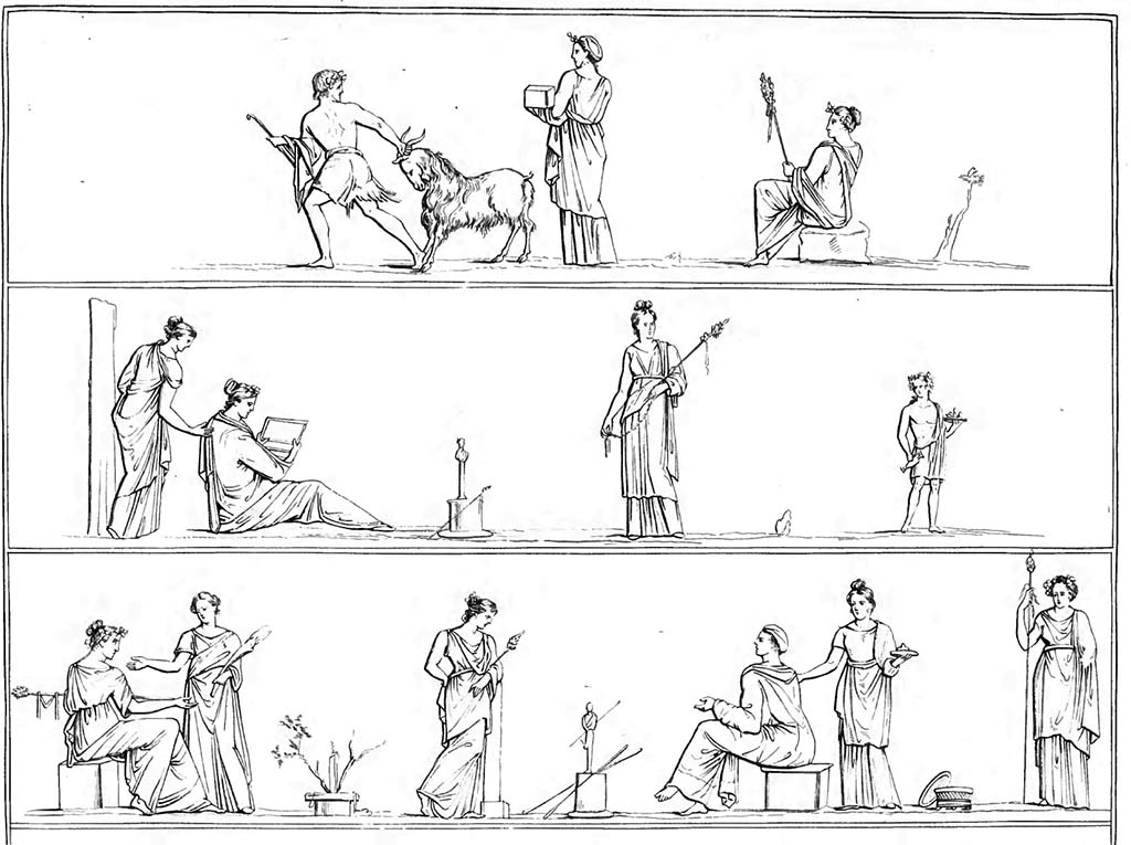 VII.6.28 Pompeii.vii.6.28 Pompeii. Drawing by Abbate entitled Bacchic functions, from cornice.
See Raccolta de più interessante Dipinture e di più belle Musaici rinvenuti negli Scavi di Ercolano, di Pompei, e di Stabia. 1843. Napoli.
Now in Naples Archaeological Museum. Part of inventory number 9183.