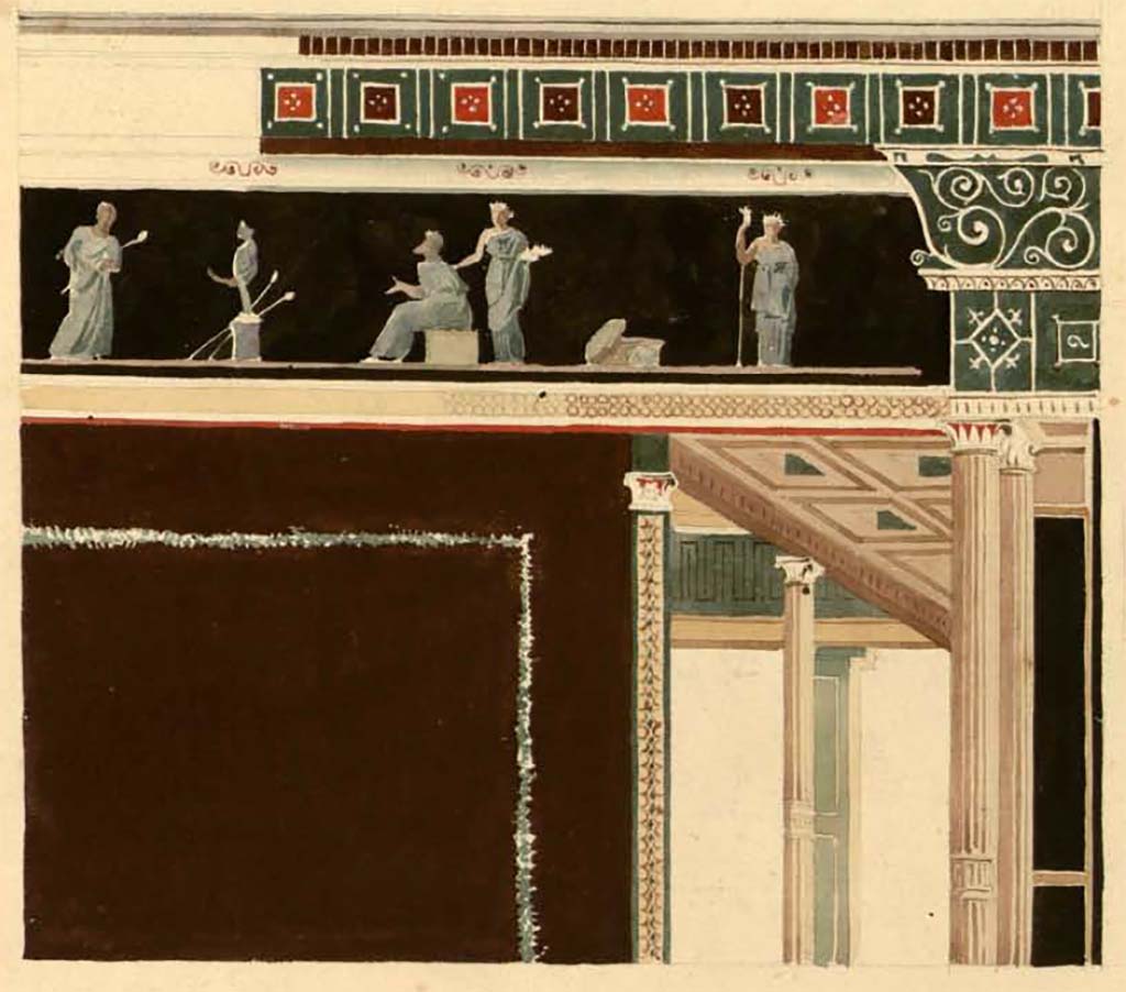 VII.6.28 Pompeii. Painting by Felix Duban of architectural features and bacchic scenes – Musée de Portici. 
See Duban F. Album de dessins d'architecture effectués par Félix Duban pendant son pensionnat à la Villa Medicis, entre 1823 et 1828: Tome 2, Pompéi, pl. 172.
INHA Identifiant numérique NUM PC 40425 (2)
https://bibliotheque-numerique.inha.fr/idurl/1/7157  « Licence Ouverte / Open Licence » Etalab
