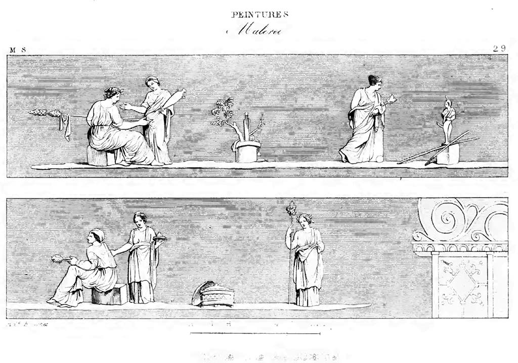 VII.6.28 Pompeii. Paintings from the corniche with bacchic scenes with six people and a statue of Priapus.
See Roux, H., 1840. Herculanem et Pompei recueil général des Peintures, Bronzes, Mosaïques : Tome 8, Musée Secret. Paris : Didot, pl. 29.