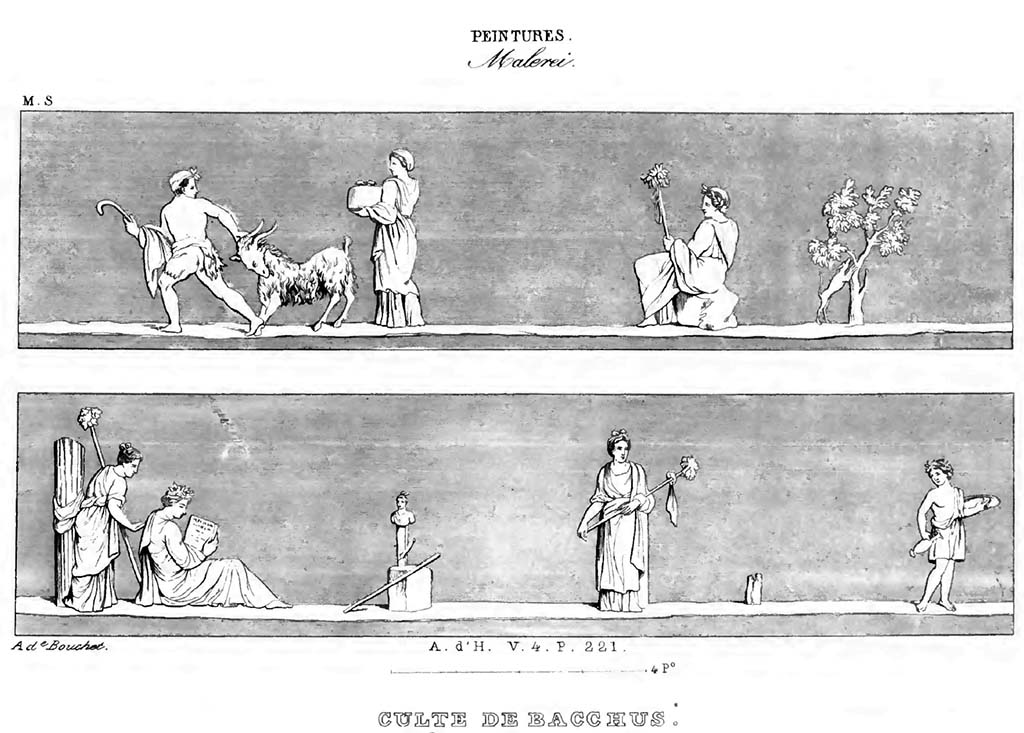 VII.6.28 Pompeii. Paintings from the corniche with bacchic scenes with eight people, a goat and a statue of Priapus.
See Roux, H., 1840. Herculanem et Pompei recueil général des Peintures, Bronzes, Mosaïques : Tome 8, Musée Secret. Paris : Didot, pl. 30.