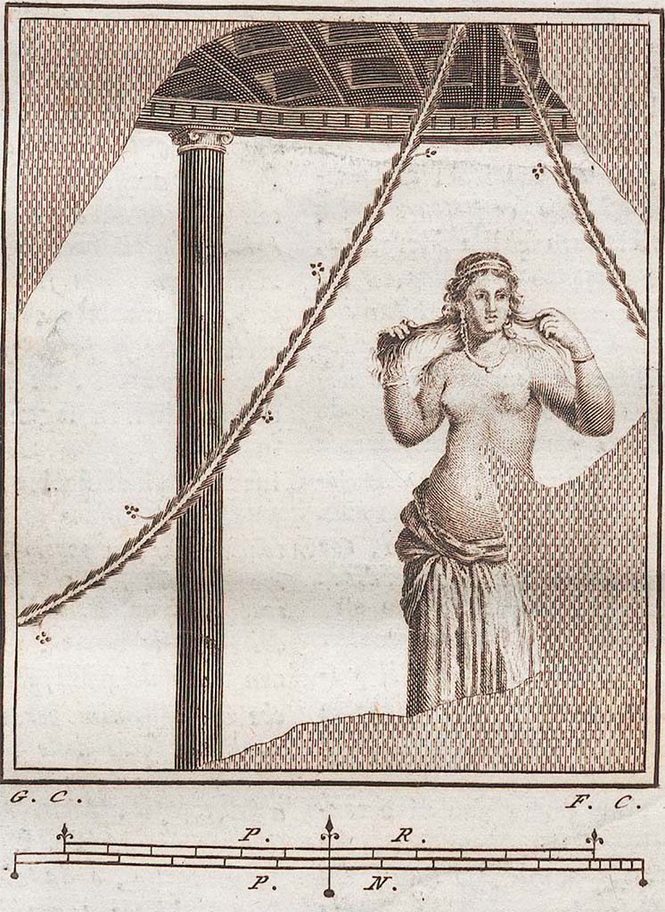 VII.6.28 Pompeii. Found in Civita, 1762. Fresco of half-naked woman who is lifting her hair with her hands.
Now in Naples Archaeological Museum. Inventory number 9252.
See Antichità di Ercolano: Tomo Setto: Le Pitture 5, 1779, 19, 88
See Helbig, W., 1868. Wandgemälde der vom Vesuv verschütteten Städte Campaniens. Leipzig: Breitkopf und Härtel, (293).
