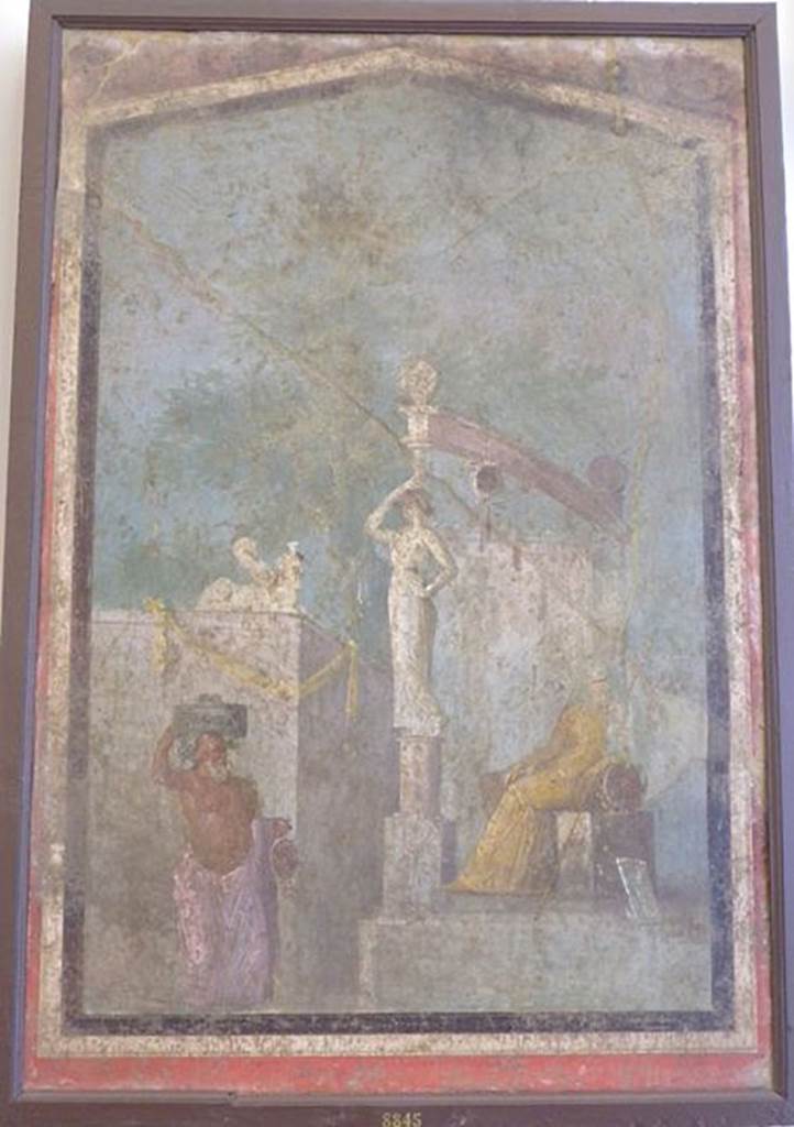 VII.6.28 Pompeii. Found on 24th April 1762. Painting of Cybele on her throne.
Now in Naples Archaeological Museum. Inventory number 8845.
See Antichità di Ercolano: Tomo Setto: Le Pitture 5, 1779, 65, 291.
See Helbig, W., 1868. Wandgemälde der vom Vesuv verschütteten Städte Campaniens. Leipzig: Breitkopf und Härtel, (421).