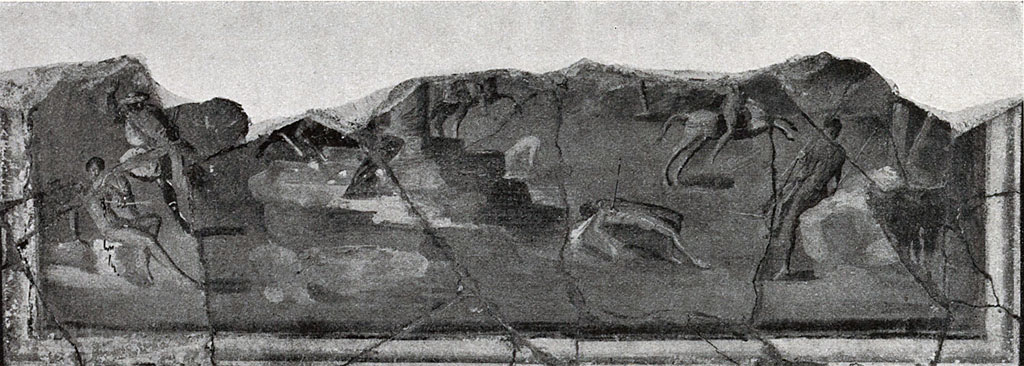 VII.6.28 Pompeii. Tablinum west wall. 1917 photo of the remaining painting of the slaughter of the Niobids.
See Hermann P., 1904-1931. Denkmaler der Malerei des Altertums. München: Bruckmann, fig. 60, p. 208-9.
The painting was recomposed from the fragments found in the dolium under the south portico.
According to PPP this may have been from the west wall of the tablinum.
See Bragantini, de Vos, Badoni, 1986. Pitture e Pavimenti di Pompei, Parte 3. Rome: ICCD, p. 153. 
According to Peters, he saw this lower preserved part of the painting in 1954 in the Terme del Foro. In addition to a few figures one could still discern a podium with 3 steps, and the lower part of a column against which a votive tablet is lying.
See Peters, W.J.T. (1963): Landscape in Romano-Campanian Mural Paintings. The Netherlands, Van Gorcum & Comp, p. 76. 
See Dawson C., 1944. Romano-Campanian Mythological Landscape Painting, USA: Yale UP, p.92-3, pl. X.
