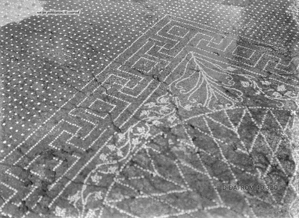VII.6.28 Pompeii. c.1930.
Tablinum flooring, according to NdS – 
“in the middle a large disc, also decorated with lozenge netting, and around a wide band showing a meandering line. 
The resulting triangles between the band and the disc were decorated with small plants. 
The remaining floor was decorated with the usual parallel rows of white tesserae.”
DAIR 40.320. Photo © Deutsches Archäologisches Institut, Abteilung Rom, Arkiv.
See Pernice, E.  1938. Pavimente und Figürliche Mosaiken: Die Hellenistische Kunst in Pompeji, Band VI. Berlin: de Gruyter, (tav. 11.3, above.)