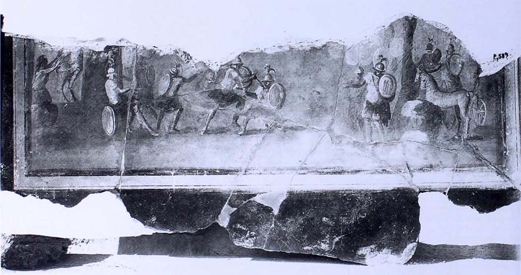 VII.6.28 Pompeii. About 1910. Peristyle. Painting of the war of Seven Against Thebes with the brothers Eteocles and Polynices.
Although Eteocles's forces were victorious, the rival brothers, seen in combat in the centre of the painting, killed each other under the walls of Thebes.
under the gaze of Creon seated on the left, with the golden sceptre in his hands, assisted by two warriors. 
Upon his death, Eteocles was succeeded by Creon, his uncle.  
The painting was recomposed from the fragments found in the dolium under the west portico.
Photograph courtesy of Soprintendenza Speciale per i Beni Archeologici di Napoli e Pompei.  
Negative number P589.