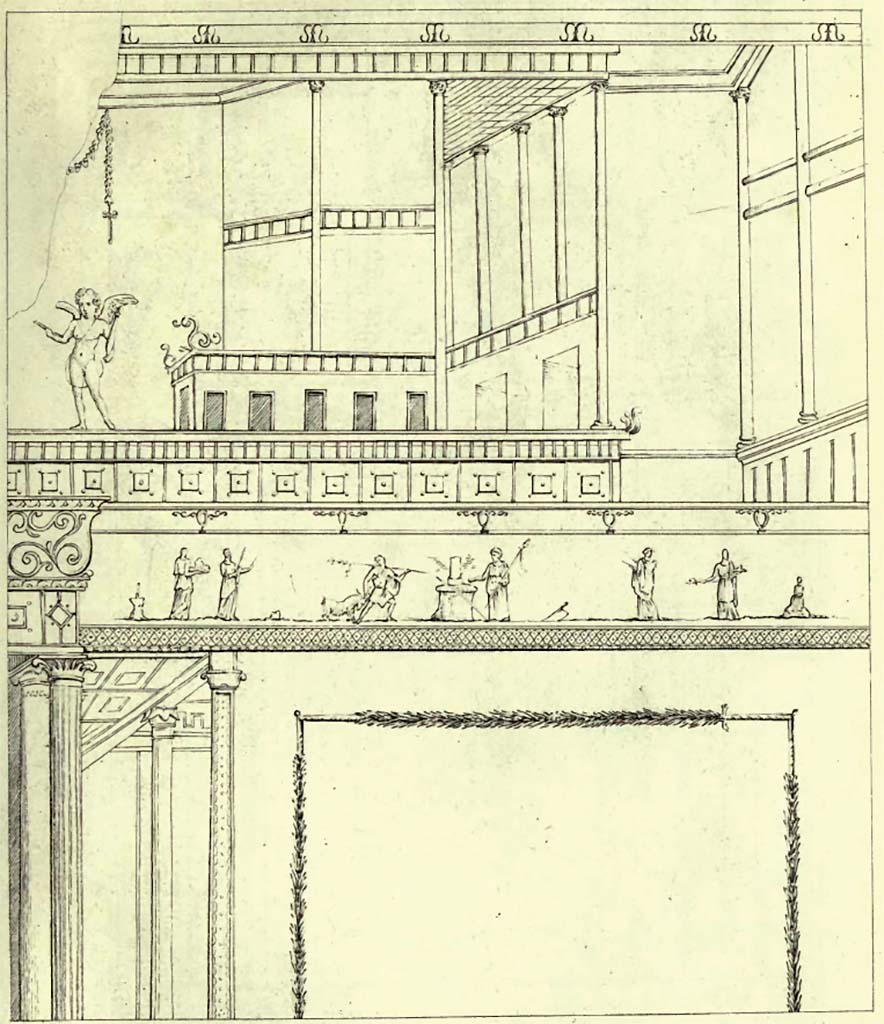 VII.6.28 Pompeii. Found 10th April 1762 in cubiculum 8.  Pre-1843 drawing of wall by Abbate.
Now in Naples Archaeological Museum. Inventory number 9165.
See Raccolta de più interessante Dipinture e di più belle Musaici rinvenuti negli Scavi di Ercolano, di Pompei, e di Stabia. 1843. Napoli.