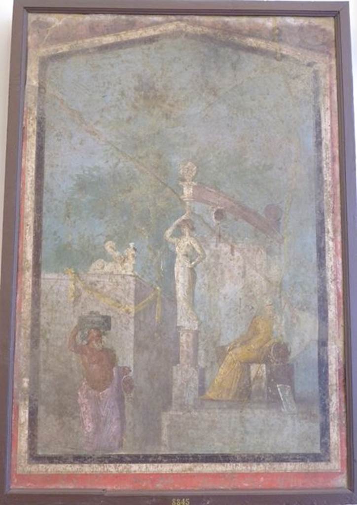 VII.6.28 Pompeii. Found 24th April 1762 in cubiculum 8.  One of four paintings found on the same wall. Wall painting of Cybele on her throne.
See Helbig, W., 1868. Wandgemälde der vom Vesuv verschütteten Städte Campaniens. Leipzig: Breitkopf und Härtel. (421). See Pagano, M., and  Prisciandaro, R., 2006. Studio sulle provenienze degli oggetti rinvenuti negli scavi borbonici del regno di Napoli.  Naples : Nicola Longobardi.  (p.41).
Now in Naples Archaeological Museum.  Inventory number 8845.