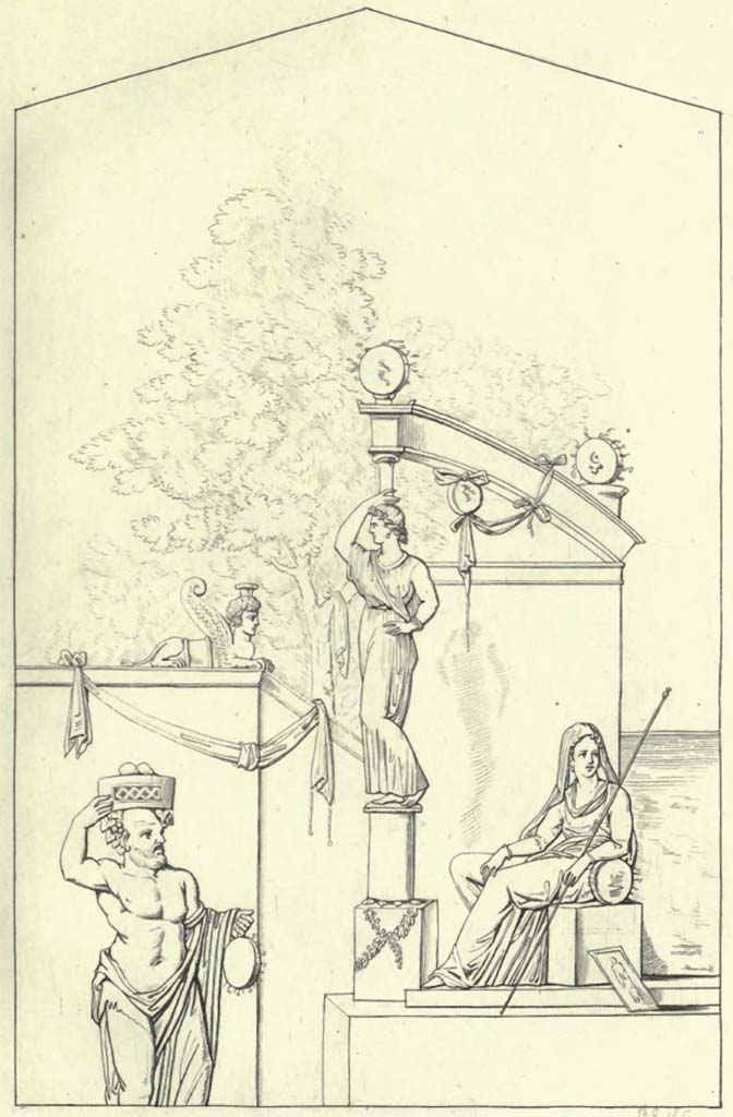VII.6.28 Pompeii. Found 24th April 1762 in cubiculum 8.  
Pre-1843 drawing by Abbate of one of the four paintings found on the same wall.
Wall painting of Cybele on her throne.
Now in Naples Archaeological Museum. Inventory number 8845.
See Raccolta de più interessante Dipinture e di più belle Musaici rinvenuti negli Scavi di Ercolano, di Pompei, e di Stabia. 1843. Napoli.