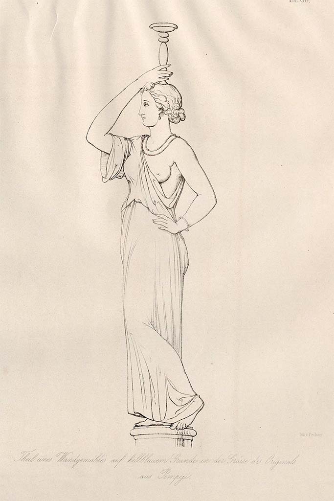 VII.6.28 Pompeii. Pre-November 1856, drawing by Zahn, on right, detail from painting of Cybele on throne.
Described as wearing a white robe on a light blue background.
See Zahn, W., 1852-59. Die schönsten Ornamente und merkwürdigsten Gemälde aus Pompeji, Herkulanum und Stabiae: III. Berlin: Reimer, Taf. 80.