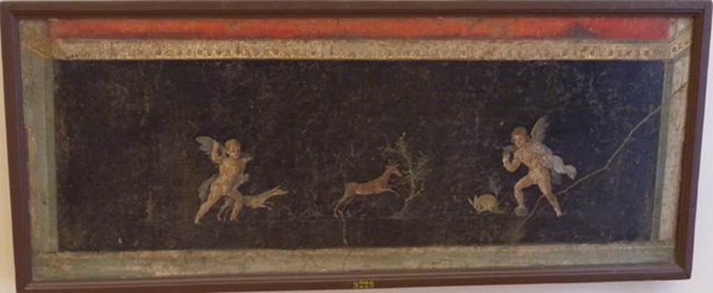 VII.6.28 Pompeii. Found 24th April 1762 in cubiculum 8.  One of four paintings found on the same wall. Wall painting of two Cupids with a dog hunting a faun and a hare. See Helbig, W., 1868. Wandgemälde der vom Vesuv verschütteten Städte Campaniens. Leipzig: Breitkopf und Härtel. (813). See Pagano, M., and Prisciandaro, R., 2006. Studio sulle provenienze degli oggetti rinvenuti negli scavi borbonici del regno di Napoli.  Naples : Nicola Longobardi.  (p.41). Now in Naples Archaeological Museum.  Inventory number 9229.