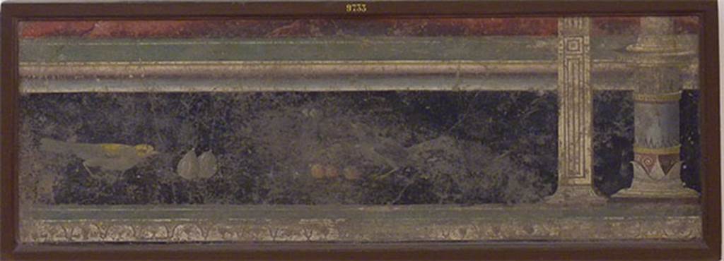 VII.6.28 Pompeii. Found 30th April 1762. Architectural painting with two birds, figs and cherries.
Now in Naples Archaeological Museum. Inventory number 9733.