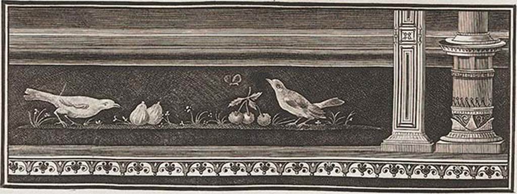 VII.6.28 Pompeii. Found 30th April 1762. A thrush eating figs and a blackbird eating cherries.
Now in Naples Archaeological Museum. Inventory number 9733.
See Antichità di Ercolano: Tomo Quarto: Le Pitture 4, 1765, pl. 25, p. 123. 
See PAH I, 1, 145-146.