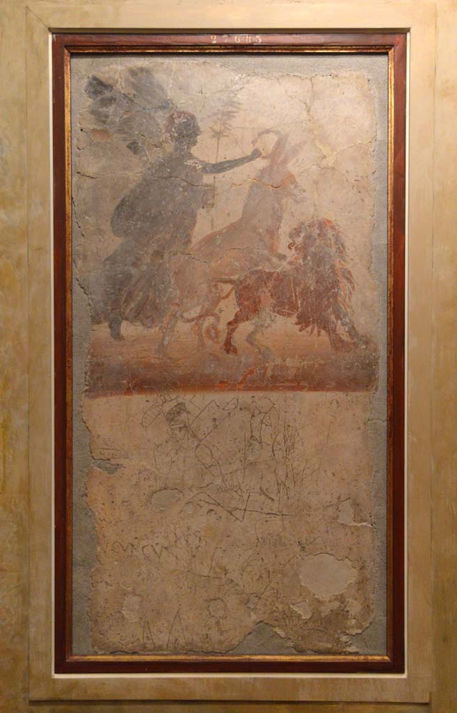 Beneath the painting is the graffito of a gladiatorial scene.
Now in Naples Archaeological Museum. Inventory number 27683.