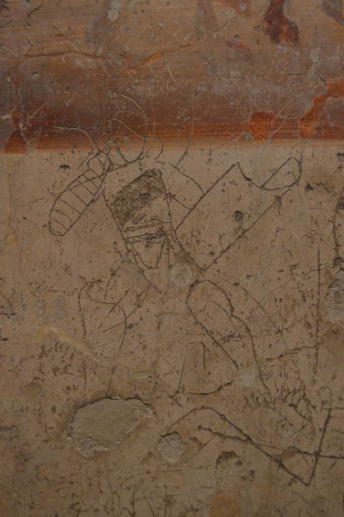 VII.6.34/35 Pompeii. March 2018. Found on the pilaster between VII.6.35 and VII.6.34.
Detail of the graffito of the gladiatorial scene from beneath the painting. 
Now in Naples Archaeological Museum. Inventory number 27683.
Foto Taylor Lauritsen, ERC Grant 681269 DÉCOR.
