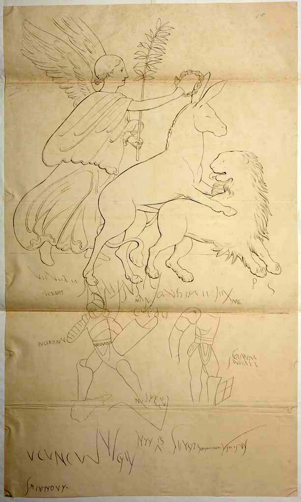 VII.6.34/35 Pompeii. Anonymous drawing of fresco found on the pilaster between VII.6.35 and 34.
Now in Naples Archaeological Museum. Inventory number ADS 693.
Photo © ICCD. https://www.catalogo.beniculturali.it/
Utilizzabili alle condizioni della licenza Attribuzione - Non commerciale - Condividi allo stesso modo 2.5 Italia (CC BY-NC-SA 2.5 IT)
