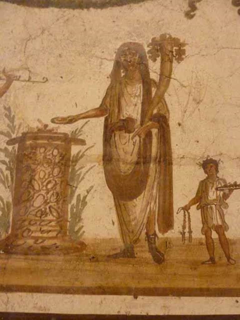 VII.6.38 Pompeii. Detail of the Genius sacrificing, on lararium painting. Now in Naples Archaeological Museum. Inventory number: 8905.