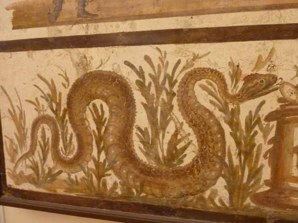 VII.6.38 Pompeii. Detail of serpent on left lower side. Now in Naples Archaeological Museum. Inventory number: 8905.