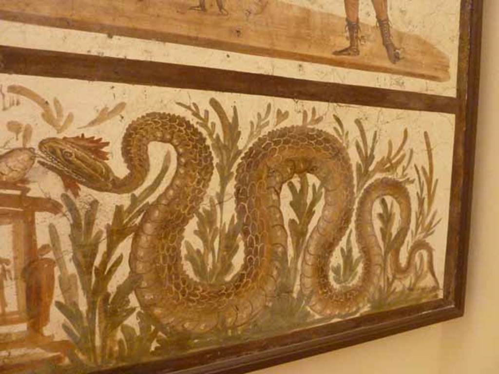 VII.6.38 Pompeii. Detail of serpent on right lower side. Now in Naples Archaeological Museum. Inventory number: 8905.