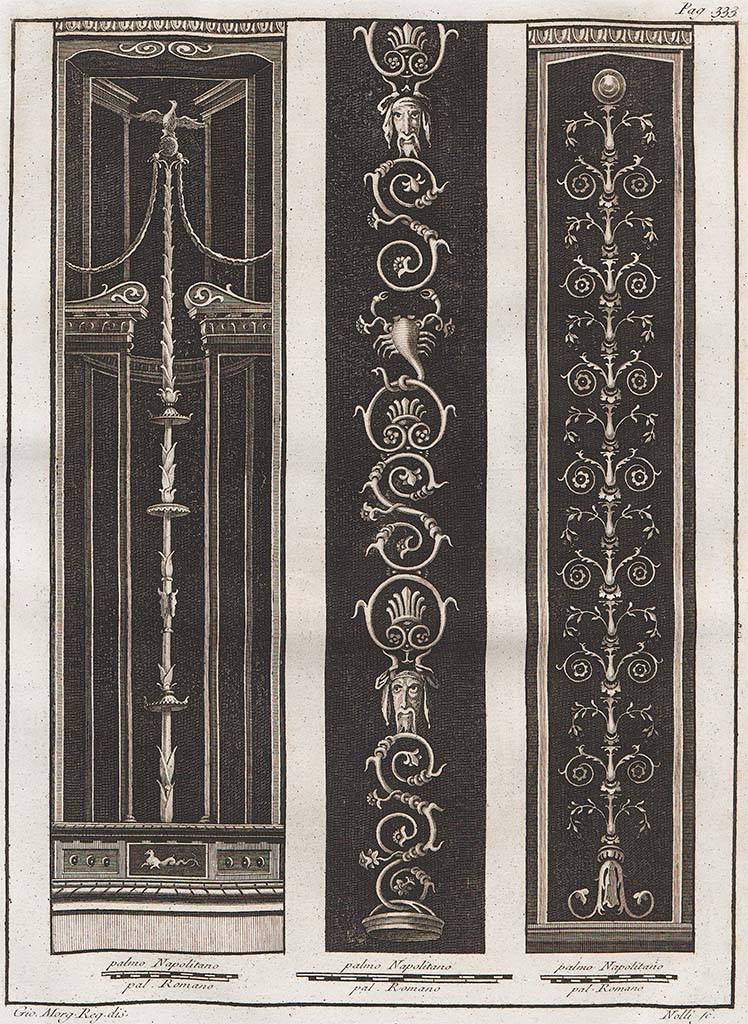 VII.6.38 Pompeii. Painted candelabra found -
1, on left, found Cività, 25th May 1761.
With black background containing a capricious architecture of a yellow tint, two lists are red; the festoons are green: the eagle was reddish in color; the candlestick was red; the picture, where you can see a sea horse was green; The two side panels were yellow.
2, in centre, found Gragnano, 10th September 1761. =_MANN 9758
All the decorations, the two masking (perhaps Bacchic), the scorpion, and the basket, are all yellow.
3, on right, was found with no.1, in Cività, 25th May 1761.
Candelabra with plate above, and with several arabesques, all the colour of light red, (see below). 
Le Antichità di Ercolano, (4), p.333, no.67
According to Pagano and Prisciandaro, these, along with other paintings, were described on 30th May 1761, as being found in this house.
See inventory number: 9963 and 9959 at Naples Archaeological Museum. 
(9767 may also have been found in the same room – this would apply to the centre candelabra (9758) from Villa Arianna at Stabiae).
See Pagano, M. and Prisciandaro, R., 2006. Studio sulle provenienze degli oggetti rinvenuti negli scavi borbonici del regno di Napoli. Naples: Nicola Longobardi, p. 38, and PAH I, addendum 142-143.