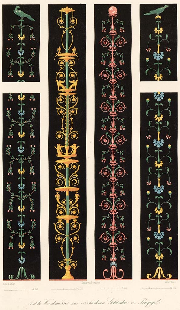 VII.6.38 Pompeii. Pre-1849.
Candelabro, 3rd from left, painted candelabra found 25th May 1761, see above.
See Zahn W., 1849. Ornamente aller klassischen Kunst-Epochen nach den Originalen in ihren eigenthümlichen Farben. Berlin: Reimer, Taf. 82.