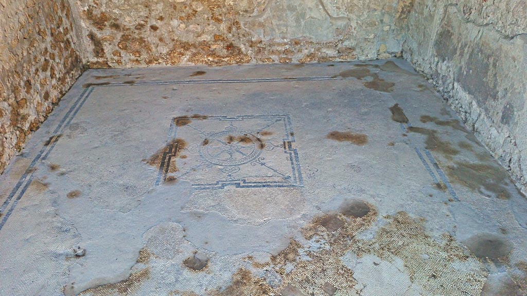 VII.7.2 Pompeii. December 2019. 
Looking south across flooring and central emblema in oecus “n”. Photo courtesy of Giuseppe Ciaramella.