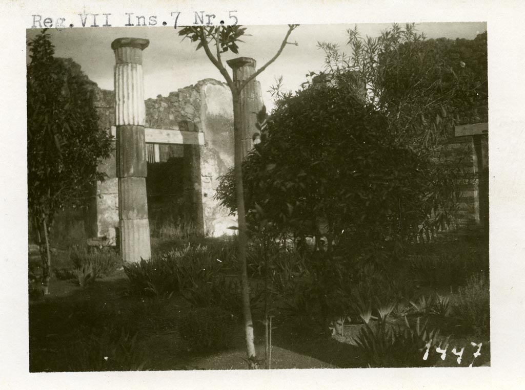 Mystery photo. VII.7.5 Pompeii according to Warsher – we think it may be -
VII.7.2 Pompeii. Pre-1937-39. Looking across rear peristyle “x” towards doorway of room “z” in north-east corner, centre left.
On the right would be a doorway into one of the rooms on the east side of the peristyle, possibly room “s”.
This area suffered badly from the 1943 bombing. 
Photo courtesy of American Academy in Rome, Photographic Archive. Warsher collection no. 1447.
If anyone would like to agree or disagree with our thoughts, we would be pleased to hear from you.