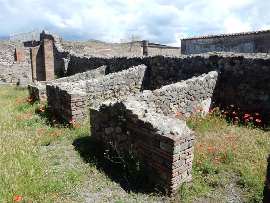 VII.7.2 Pompeii, May 2018. 
Looking north along three rooms on east side of peristyle, room “q” on right, room “r” in centre, and room “s”. Photo courtesy of Buzz Ferebee.