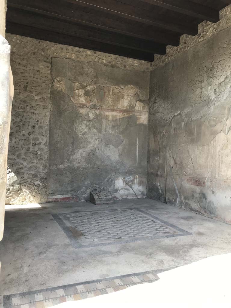 VII.7.5 Pompeii. April 2019. 
Exedra (u)/tablinum, looking towards north wall and north-east corner, across mosaic flooring.  
Photo courtesy of Rick Bauer.