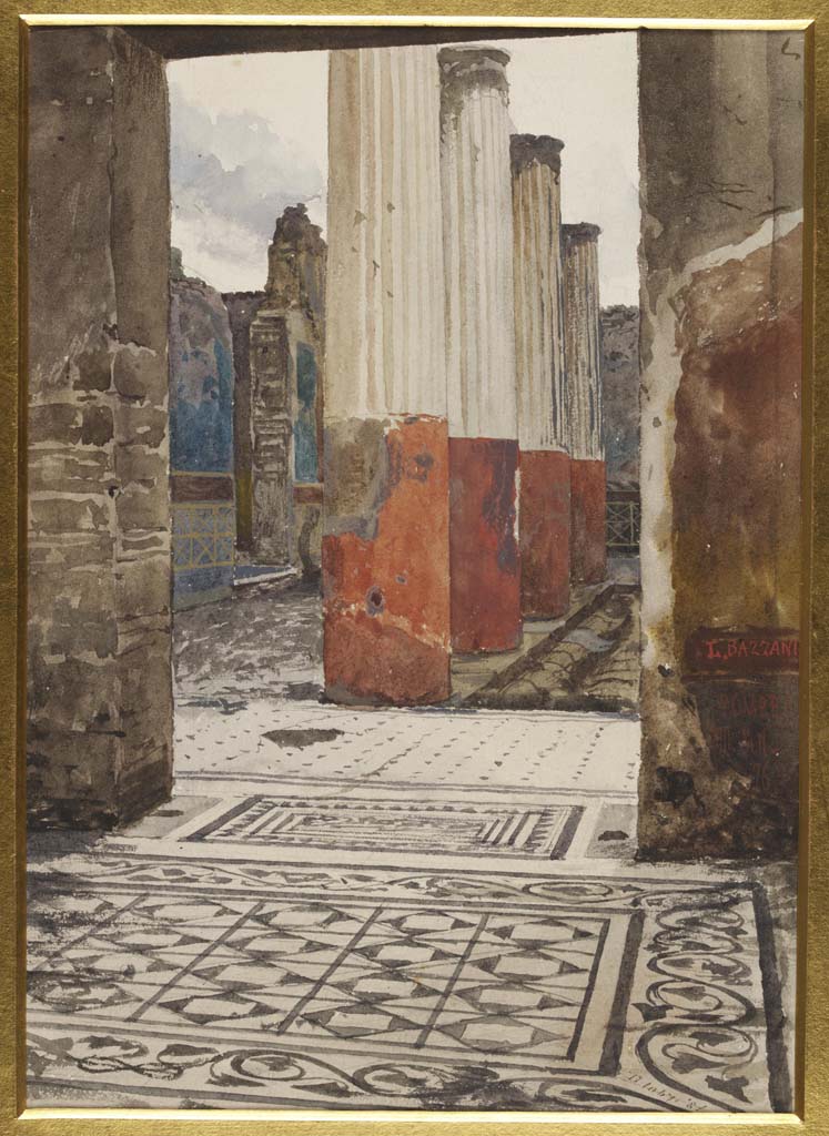 VII.7.5 Pompeii. 13th September 1876. Watercolour by Luigi Bazzani.
Looking south across mosaic flooring in corridor (r) leading to peristyle (l), and north portico.
Photo © Victoria and Albert Museum. Inventory number 1067-1886.