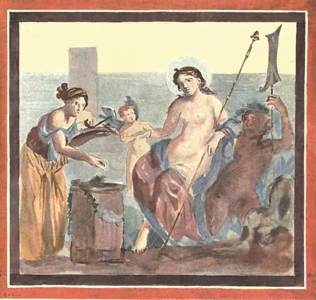 VII.7.5 Pompeii. Room (n), painting by P, Gusman, entitled Venus as protectress of Pompei.
See Gusman, P. (1900). Pompei, the city, its life and art. London, William Heinemann. (pl.1). 
Original painting now in Naples Archaeological Museum.
