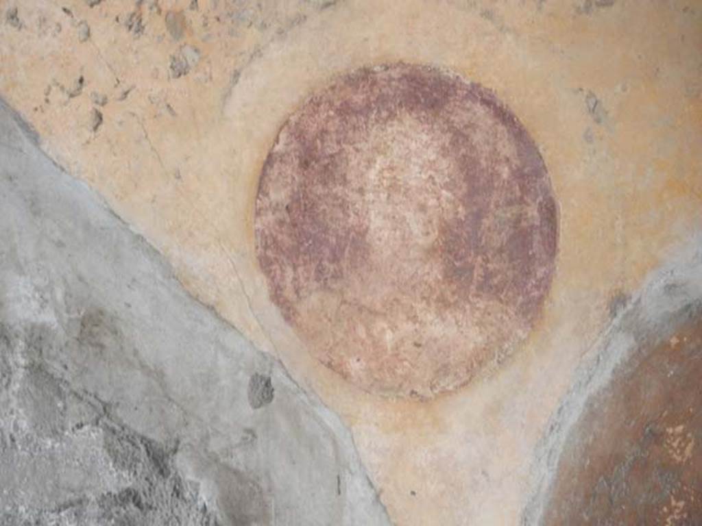 VII.7.5 Pompeii, May 2018. 
Room n, detail from south wall with yellow painted panel in middle area of wall, with painted medallion of female figure with feather fan.
Photo courtesy of Buzz Ferebee.