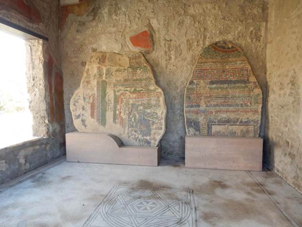 VII.7.5 Pompeii, May 2018. 
Room (n), these two fragments of a mosaic vault belong to the nearby Suburban Baths at Porta Marina. 
See VII.16.a Nymphaeum for more detail. Photo courtesy of Buzz Ferebee.