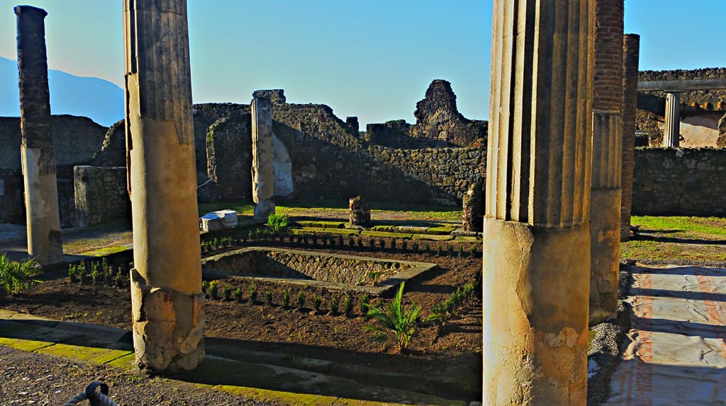 VII.7.5 Pompeii. December 2019. 
Looking south and west across peristyle from east portico near to room (n), with north portico, on right. Photo courtesy of Giuseppe Ciaramella.