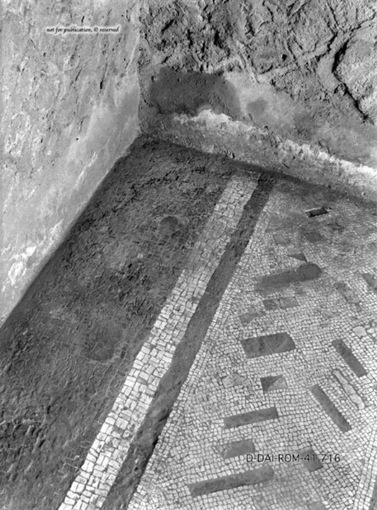 VII.7.5 Pompeii. c.1930. Detail of flooring in room g, the central room on east side of atrium.
DAIR 41.716. Photo © Deutsches Archäologisches Institut, Abteilung Rom, Arkiv.
See Pernice, E.  1938. Pavimente und Figürliche Mosaiken: Die Hellenistische Kunst in Pompeji, Band VI. Berlin: de Gruyter, (tav. 37.1, above.)