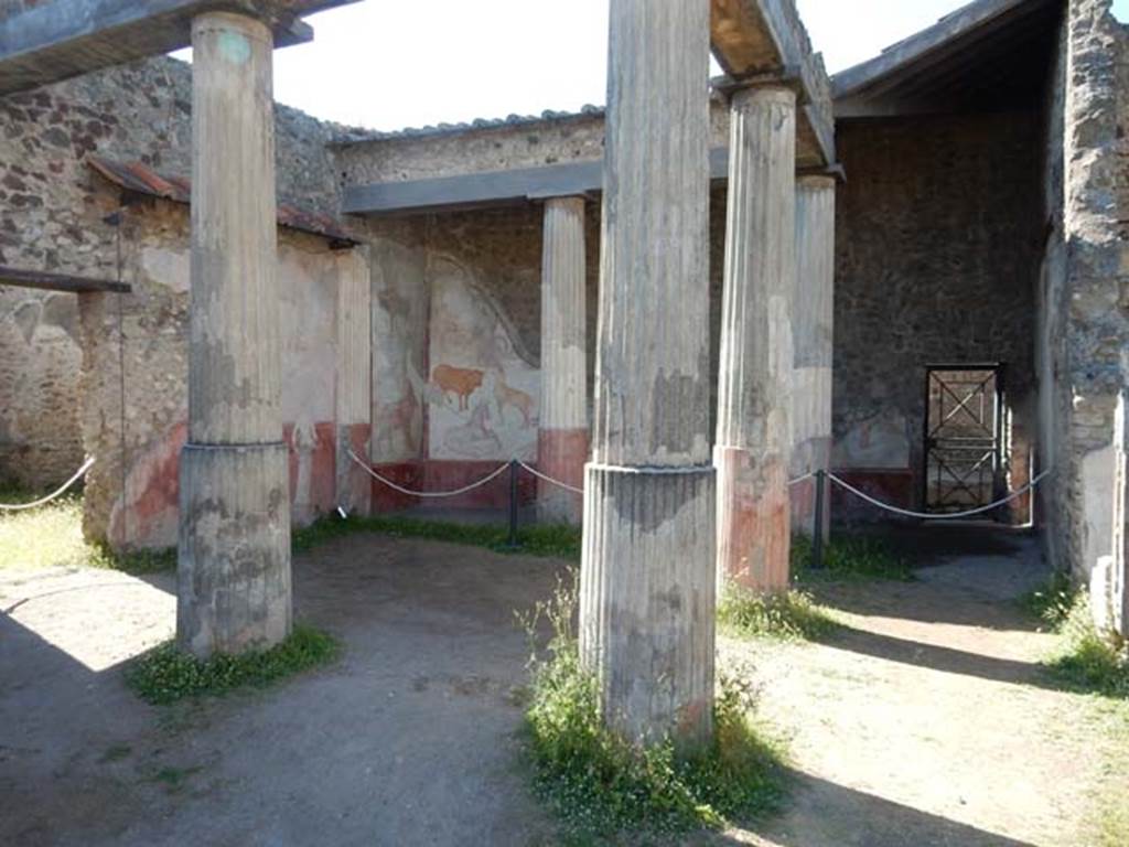 VII.7.10 Pompeii. May 2018. Looking across peristyle, from south portico. Photo courtesy of Buzz Ferebee. 
According to Jashemski, the garden at the rear of the tablinum (excavated in 1872) had a portico on the north, east and south.
It was supported by five columns, all fluted, red on the bottom, white on the top.
There was a gutter around the edges of the garden.
A garden painting decorated the west and north walls of the portico.
See Jashemski, W. F., 1993. The Gardens of Pompeii, Volume II: Appendices. New York: Caratzas. (p.186, and p.363 no.78)