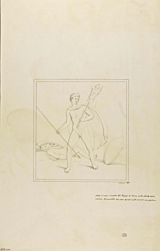 VII.7.10 Pompeii. Peristyle. 1871 drawing by G. Discanno. A naked warrior carries a spear in his right hand. 
He carries a trophy of armour over his left shoulder taken from his enemy who lies dead at his feet.
Now in Naples Archaeological Museum. Inventory number ADS 704.
Photo © ICCD. http://www.catalogo.beniculturali.it
Utilizzabili alle condizioni della licenza Attribuzione - Non commerciale - Condividi allo stesso modo 2.5 Italia (CC BY-NC-SA 2.5 IT)