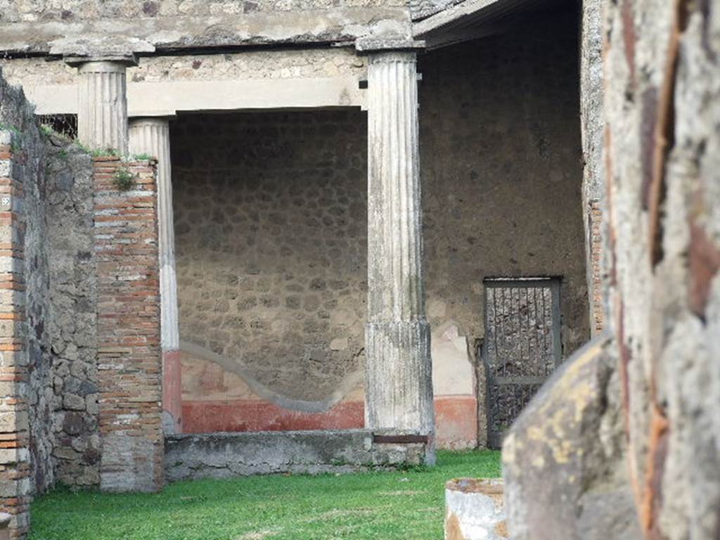 VII.7.10 Pompeii. December 2006.  North wall of Peristyle, with remains of paintings showing animal scenes and doorway VII.7.13.