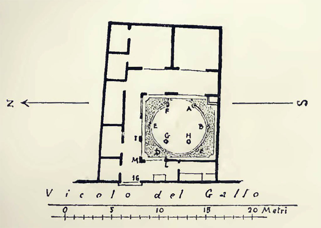 VII.7.16 Pompeii. 1932. Plan drawn by Ingegnere L. Jacono.
See Van Buren, A. W. 1932. Further Pompeian Studies in Memoirs of American Academy in Rome, vol.10, 1932, Pl.1,1. (p.10-13 below).