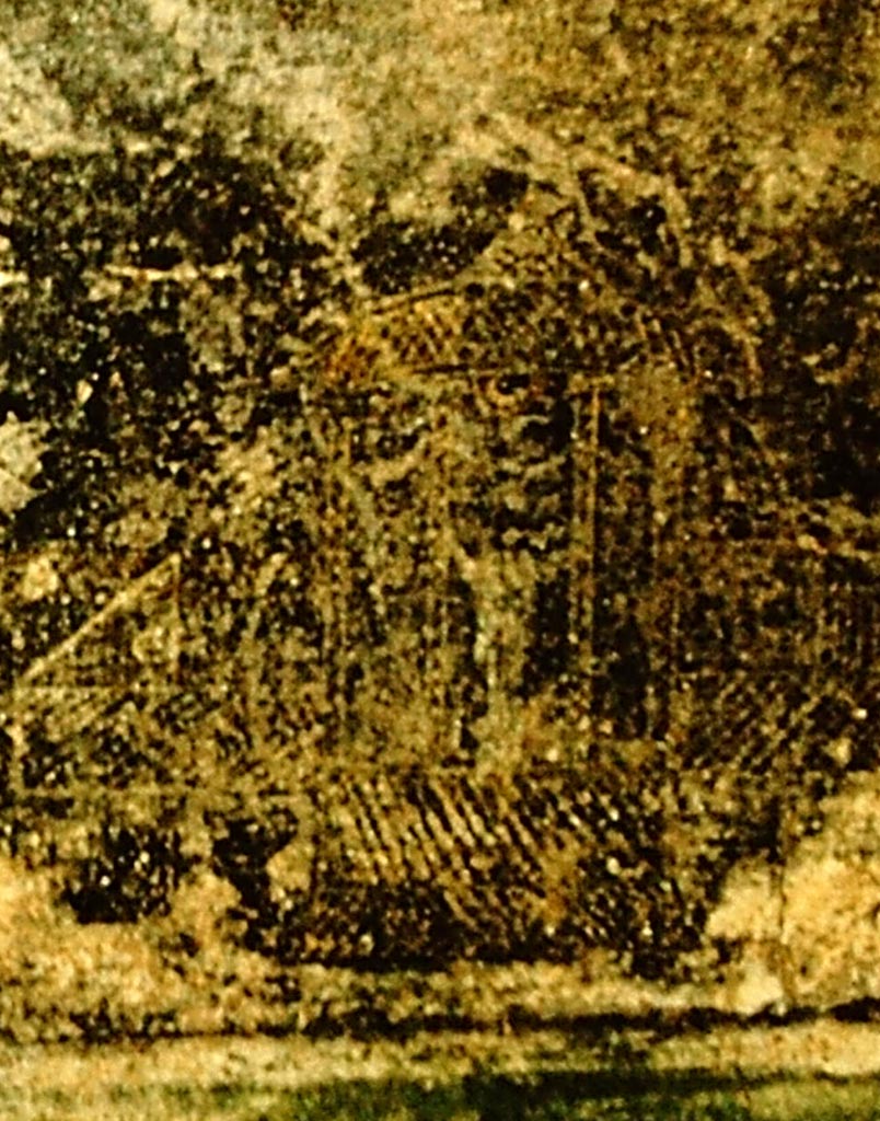 I.4.25 Pompeii. 1957. 
Room 19, east end of south wall of triclinium of Antiope. Garden painting on black predella, detail of aviary similar to VII.7.16. Photo by Stanley A. Jashemski.
Source: The Wilhelmina and Stanley A. Jashemski archive in the University of Maryland Library, Special Collections (See collection page) and made available under the Creative Commons Attribution-Non-Commercial License v.4. See Licence and use details.
J57f0328 (detail)