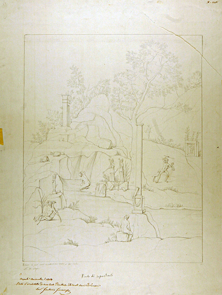 VII.7.19 Pompeii. 1859. Drawing by Nicola La Volpe, of painting showing Acteon being attacked by the dogs.
This drawing was described as being from “the new excavation to the north behind the civil forum” “Vicolo dei Soprastanti”.
Now in Naples Archaeological Museum. Inventory number ADS 705.
Photo © ICCD. https://www.catalogo.beniculturali.it
Utilizzabili alle condizioni della licenza Attribuzione - Non commerciale - Condividi allo stesso modo 2.5 Italia (CC BY-NC-SA 2.5 IT)
According to Fiorelli in PAH, 2, p.688, 19th December 1859 – 
“Today, paintings were sent to Real Museo Borbonici which had been detached from the walls by Luigi Piedimonte……”
 “…….and finally a painting from the house at the back of the Temple of Venus, perhaps Diana bathing…..”. 
Helbig said that “according to Fiorelli this painting had been taken to the Museum, but where I have searched in vain”.
See Helbig, W., 1868. Wandgemälde der vom Vesuv verschütteten Städte Campaniens. Leipzig: Breitkopf und Härtel.,(251).