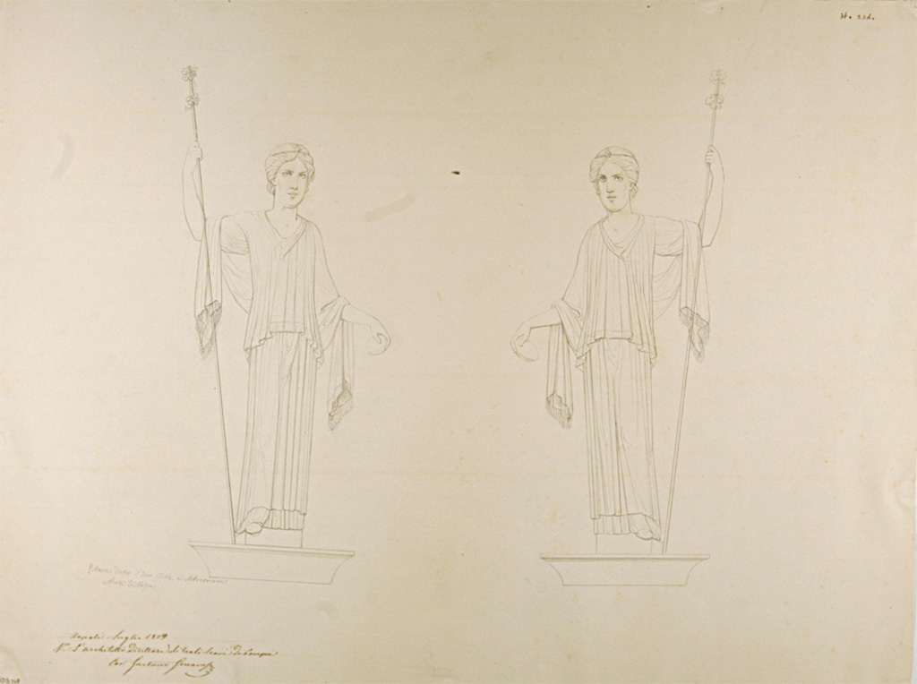 VII.7.19 Pompeii? Drawing of Maenads by Nicola La Volpe. 1859
These being described as “from the house to the north at the rear of the civil forum”.
These were not identified in situ, and therefore dubiously attributed to this house on the base of the captions.
Now in Naples Archaeological Museum. Inventory number ADS 708.
Photo © ICCD. https://www.catalogo.beniculturali.it
Utilizzabili alle condizioni della licenza Attribuzione - Non commerciale - Condividi allo stesso modo 2.5 Italia (CC BY-NC-SA 2.5 IT)