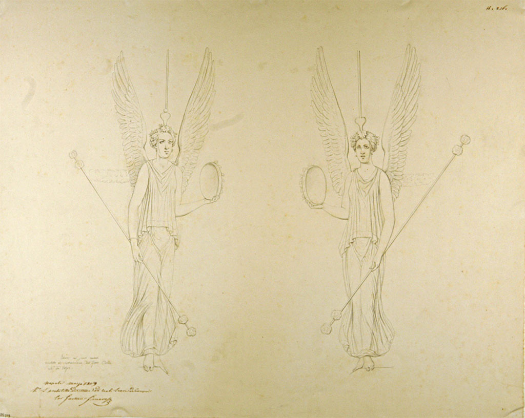 VII.7.19 Pompeii? 1859. Drawing of Maenads by Nicola La Volpe.
These being described as “paintings in the newly excavated vicolo to the north of the civil forum”.
These were not identified in situ, and therefore dubiously attributed to this house on the base of the captions.
Now in Naples Archaeological Museum. Inventory number ADS 709.
Photo © ICCD. https://www.catalogo.beniculturali.it
Utilizzabili alle condizioni della licenza Attribuzione - Non commerciale - Condividi allo stesso modo 2.5 Italia (CC BY-NC-SA 2.5 IT)