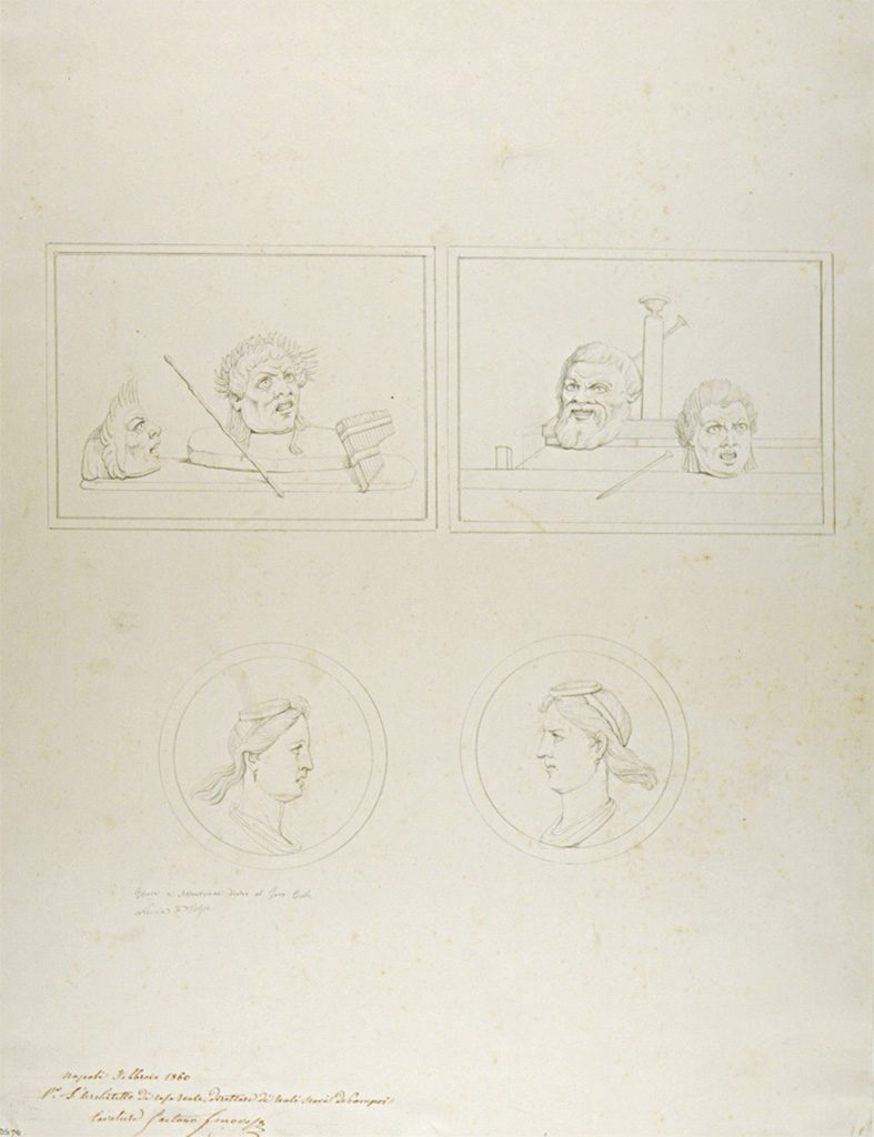 VII.7.19 Pompeii? Drawing by Nicola La Volpe, 1860, showing  panels of still-lifes with masks, and medallions with feminine heads.
These being described as “paintings to the north behind the civil forum”.
These were not identified in situ, and therefore dubiously attributed to this house on the base of the captions.
Now in Naples Archaeological Museum. Inventory number ADS 710.
Photo © ICCD. https://www.catalogo.beniculturali.it
Utilizzabili alle condizioni della licenza Attribuzione - Non commerciale - Condividi allo stesso modo 2.5 Italia (CC BY-NC-SA 2.5 IT)