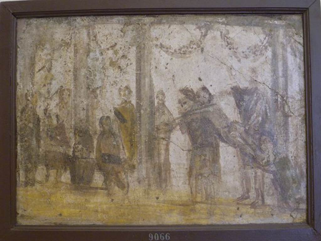 II.4.3 Pompeii. Part of the “Forum Frieze” found in the atrium of II.4.3.  
The punishment of a scholar, the painting that suggested VII.7.29 may be a public school.
Now in Naples Archaeological Museum.  Inventory number 9066.